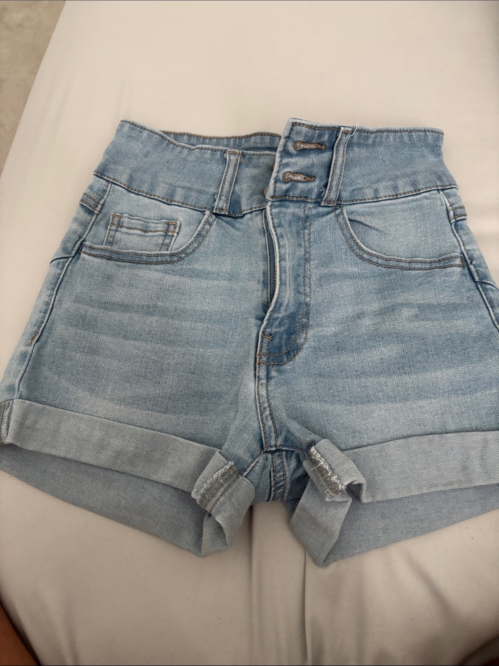 Forever 21 Light Blue High-Rise Rolled Cuff Denim Shorts